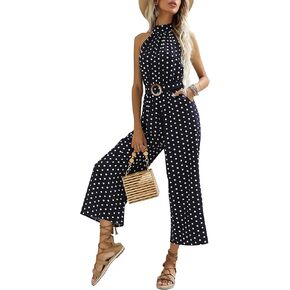 Women Polka Dot Print Jumpsuits Halter Neck Sleeveless Rompers Wide Leg Pants with Belt