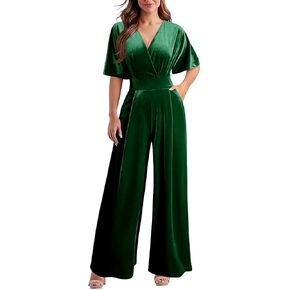 Daawenxi Women's Velvet V Velvet v Neck Short Sleeve Plestuits Bants Wide Wide Pant One One Romper