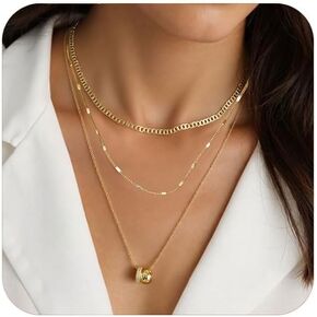 3Pcs Layered Gold Necklaces for Women - Stackable 14K Gold Plated Herringbone Paperclip Mariner Chain Choker Necklaces Set, Minimalist Gold Jewelry