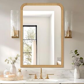 WallBeyond Wood Frame Bathroom Mirror 24" x 36" Wooden Arched Wall Mirror Farmhouse Style Bathroom Vanity Mirror for Home Decor Rectangle Mirror (Natural)