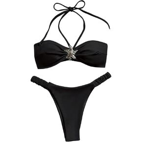 WDIRARA Women's Two Piece Starfish Swimsuit Sexy Metal Halter Bikini Sets
