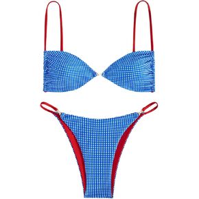 MakeMeChic Women's Gingham Bikini Set Push Up Tie Backless Thong Bathing Suit Swimsuit
