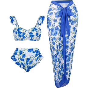 Womens 3 Piece Swimsuits with Cover Up 3 Pieces Bikini Set with Sarong High Waisted Bikini with Beach Cover Up Set