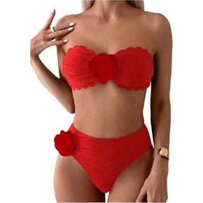 OYOANGLE Women's 2 Piece Strapless Bikini Sets 3D Floral Scallop Trim Tie Back Low Rise Bathing Suit Textured Swimsuits