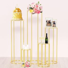 3pcs Metal Cylinder Stands for Party, 2-Layer Tall Gold Pedestal Stand, Cilindros Para Fiestas Redondos Blancos, Round Pillars Cylinder Tables for Parties Wedding Decor