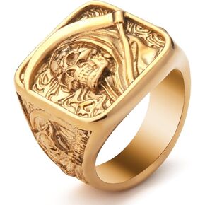 Mens Gold Skull Rings Stainless Steel Gothic Punk Goth Fashion Grim Reaper Skull Ring Jewelry for Men Size 8/9/10/11/12/13