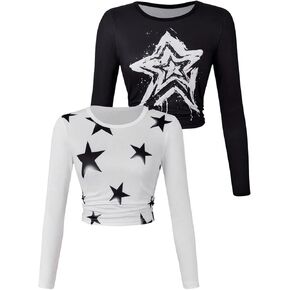 Soly Hux Girl's Y2K Long Sleeve Crop Tops 2 Packs Star Graphic Print Thirts Tees