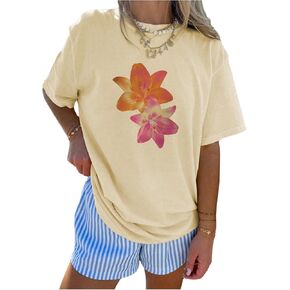 Girl's Floral Graphic Tees Short Sleeve Crew Neck Oversized T-Shirt Casual Summer Tops Trendy