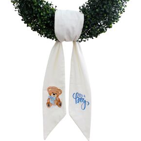 Wreath Sash for Front Door, It's a Boy, Newborn, Monogram and Embroidery, Quality White Linen, Baby Shower, Porch Accessories, and Boxwood Decoration - 56" L x 4.5" W, Indoor Outdoor Décor