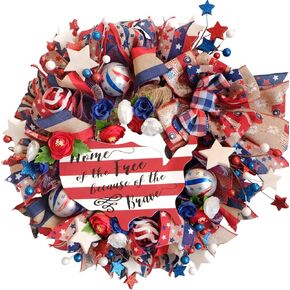 20-inch Fourth of July Wreath American map Patriotic Wreath Front Door Independence Day Handmade Wreaths Red White Blue Flashing Ball Bow Gauze net Decorative Memorial Day Home Decoration