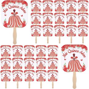 Geelin 25 Pcs 15 Quinceanera Gifts Mis Quince Anos Handheld Fans Paper Fans with Flower and Wooden Handle for Girls Teens Women Quinceanera Party Favors Souvenir Decorations(Red)