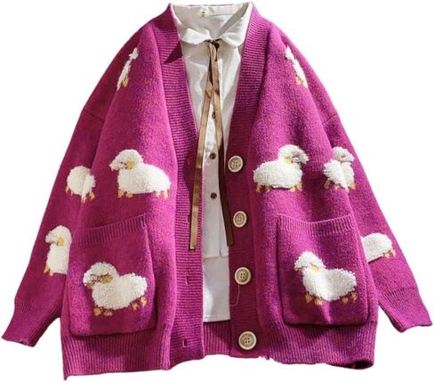 FindThy Women’s Kawaii Knitted Cardigan Long Sleeve Button Up Sheep Print Cute Sweater Cardigans in Kuwait