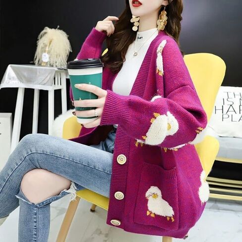 FindThy Women’s Kawaii Knitted Cardigan Long Sleeve Button Up Sheep Print Cute Sweater Cardigans in Kuwait