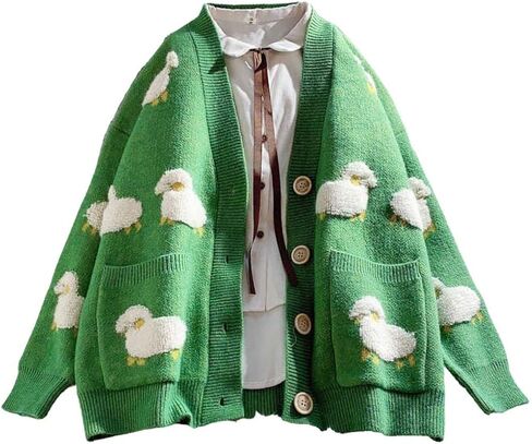 FindThy Women’s Kawaii Knitted Cardigan Long Sleeve Button Up Sheep Print Cute Sweater Cardigans in Kuwait