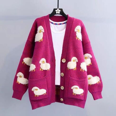 FindThy Women’s Kawaii Knitted Cardigan Long Sleeve Button Up Sheep Print Cute Sweater Cardigans in Kuwait