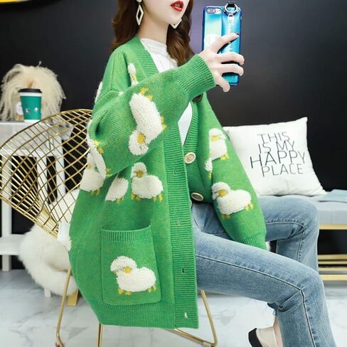 FindThy Women’s Kawaii Knitted Cardigan Long Sleeve Button Up Sheep Print Cute Sweater Cardigans in Kuwait