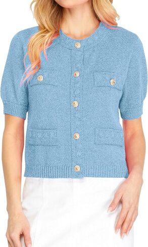 Hacikis Womens Button Down Cardigan Cardigan Crewneck Crewneck Short Sleeve Monit Open Open Front Sweater مع جيوب in Saudi Arabia