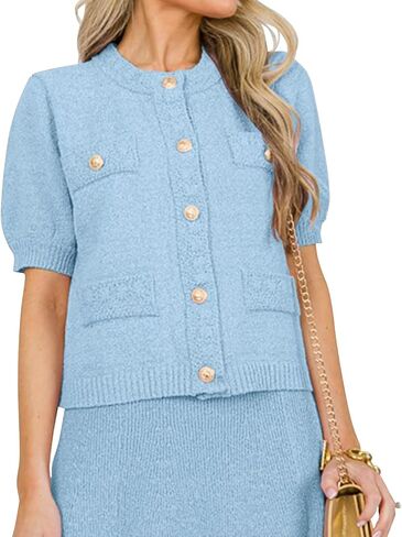 Hacikis Womens Button Down Cardigan Cardigan Crewneck Crewneck Short Sleeve Monit Open Open Front Sweater مع جيوب in Saudi Arabia