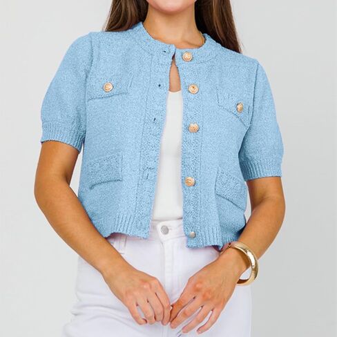 Hacikis Womens Button Down Cardigan Cardigan Crewneck Crewneck Short Sleeve Monit Open Open Front Sweater مع جيوب in Saudi Arabia