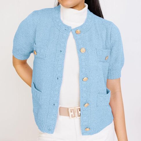 Hacikis Womens Button Down Cardigan Cardigan Crewneck Crewneck Short Sleeve Monit Open Open Front Sweater مع جيوب in Saudi Arabia