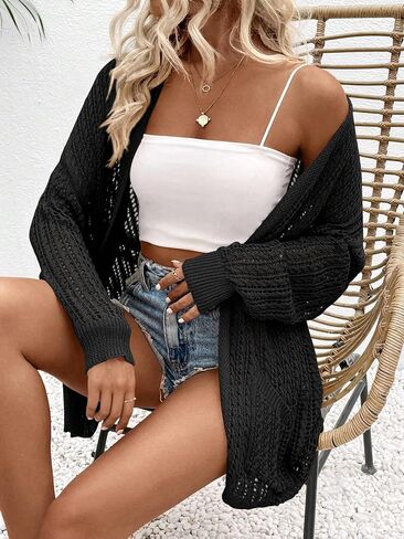 Womens Crochet Cardigan Sweater Lightweight Rib Knit Open Front Sweater Coats Cover Up in Saudi Arabia