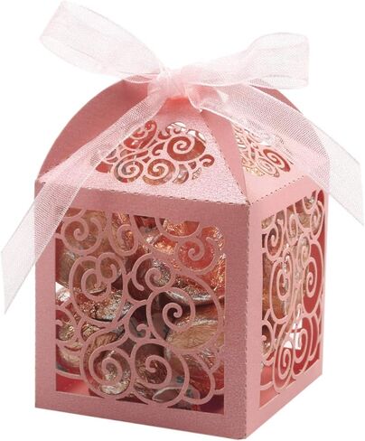 KPOSIYA 100 Pack Wedding Favor Boxes Laser Cut Boxes Party Favor Box Small Gift Boxes Lace Candy Boxes for Wedding Bridal Shower Baby Shower Birthday Party Anniverary with Ribbons (Gold, 100) in Saudi Arabia