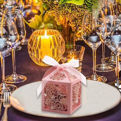 KPOSIYA 100 Pack Wedding Favor Boxes Laser Cut Boxes Party Favor Box Small Gift Boxes Lace Candy Boxes for Wedding Bridal Shower Baby Shower Birthday Party Anniverary with Ribbons (Gold, 100) in Saudi Arabia