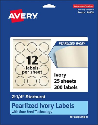 Avery Pearlized Ivory Starburst Labels with Sure Feed Technology, Print-to-The-Edge, 2.25", 1,200 Pearlized Ivory Labels, Laser/Inkjet Printable Labels in Kuwait