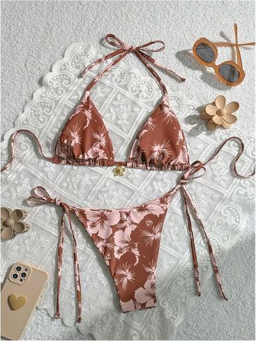 GORGLITTER Women's Floral Bow String Bikini Set Triangle Halter Swimsuit High Cut Summer Bathing Suit Swimwear 2025 in Saudi Arabia