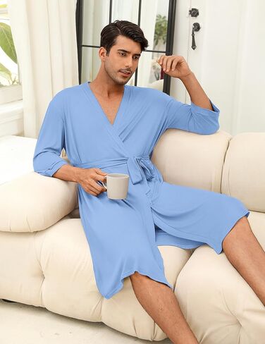 Ekouaer Men's Lightweight Kimono Spa Robe Knit Bathrobe Soft Sleepwear 3/4 Sleeve Loungewear with Pockets S-XXL in Saudi Arabia