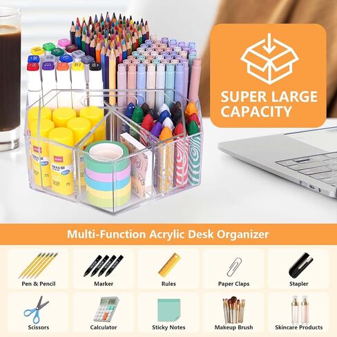 Hiborateed Rotating Pencil Pen Holder for Desk, 5 Slots 360-Degree Spinning Acrylic Desk Pencil Pen Organizer Marker Caddy Crayon Organizer for Office School Home Art Supply in Kuwait
