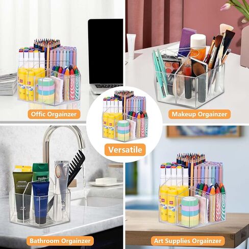Hiborateed Rotating Pencil Pen Holder for Desk, 5 Slots 360-Degree Spinning Acrylic Desk Pencil Pen Organizer Marker Caddy Crayon Organizer for Office School Home Art Supply in Kuwait