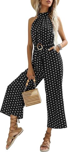 Women Polka Dot Print Jumpsuits Halter Neck Sleeveless Rompers Wide Leg Pants with Belt in Saudi Arabia