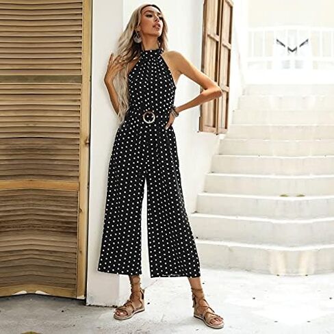 Women Polka Dot Print Jumpsuits Halter Neck Sleeveless Rompers Wide Leg Pants with Belt in Saudi Arabia