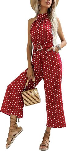 Women Polka Dot Print Jumpsuits Halter Neck Sleeveless Rompers Wide Leg Pants with Belt in Saudi Arabia