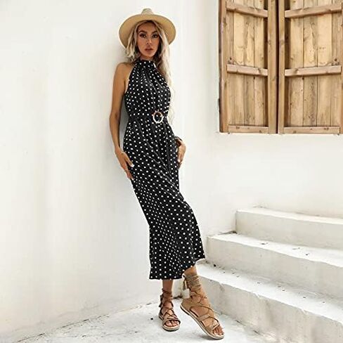 Women Polka Dot Print Jumpsuits Halter Neck Sleeveless Rompers Wide Leg Pants with Belt in Saudi Arabia
