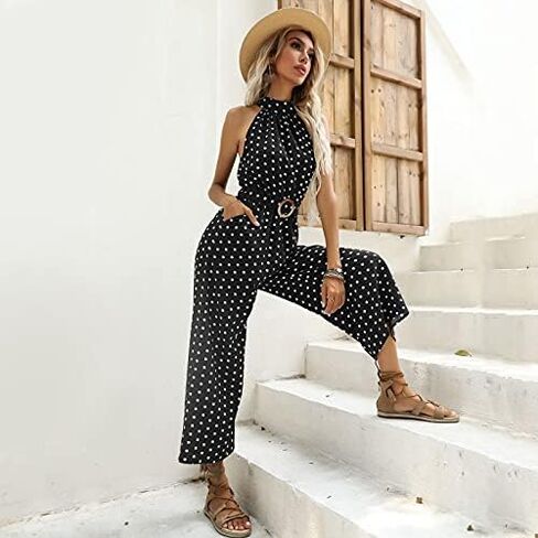 Women Polka Dot Print Jumpsuits Halter Neck Sleeveless Rompers Wide Leg Pants with Belt in Saudi Arabia