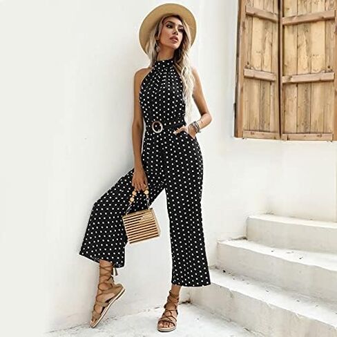 Women Polka Dot Print Jumpsuits Halter Neck Sleeveless Rompers Wide Leg Pants with Belt in Saudi Arabia