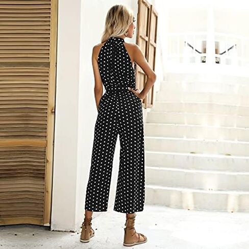 Women Polka Dot Print Jumpsuits Halter Neck Sleeveless Rompers Wide Leg Pants with Belt in Saudi Arabia