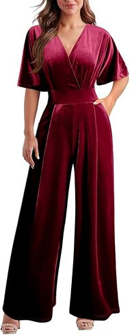 Daawenxi Women's Velvet V Velvet v Neck Short Sleeve Plestuits Bants Wide Wide Pant One One Romper in Kuwait