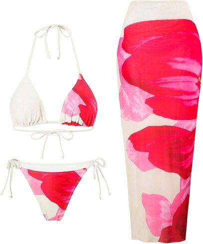 WDIRARA Women's Bikini Sets Floral Print Triangle Halter Tie Back Swimsuit with Cover Up Skirt in Saudi Arabia
