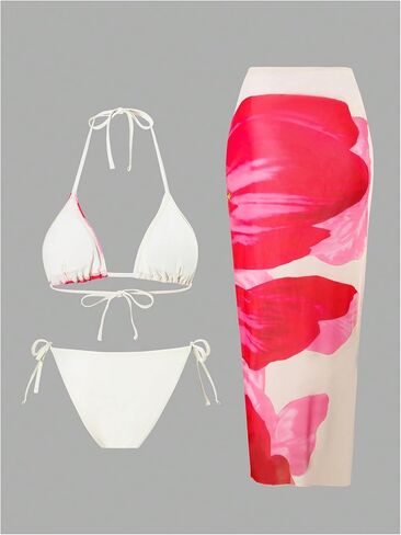 WDIRARA Women's Bikini Sets Floral Print Triangle Halter Tie Back Swimsuit with Cover Up Skirt in Saudi Arabia