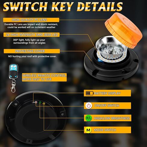 Remote Control Beacon Light, Rechargeable Wireless Blue Flashing Lights with Magnetic, High Low Brightness, 15 Modes Strobe Lights for Snowplow Tow Work Trucks Tractor in Saudi Arabia