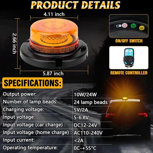 Remote Control Beacon Light, Rechargeable Wireless Blue Flashing Lights with Magnetic, High Low Brightness, 15 Modes Strobe Lights for Snowplow Tow Work Trucks Tractor in Saudi Arabia