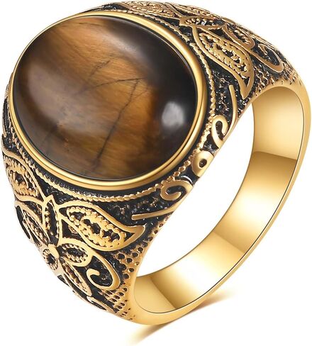 VQYSKO Retro Turquoise Ring for Men and Women | Stainless Steel Oval Turquoise Ring for Men and Women | Ideal Gift for Dad Boyfriend Blue/Black/Brown/White Color for Choice in Kuwait