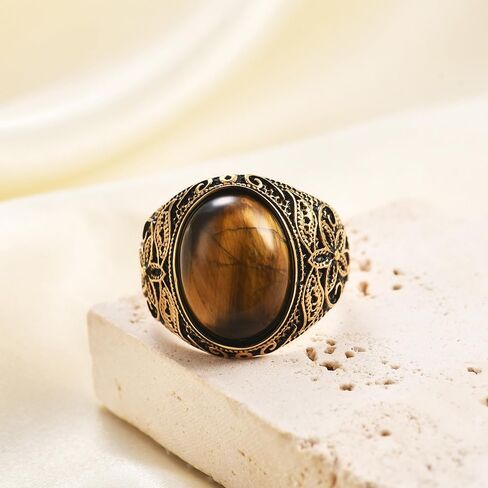 VQYSKO Retro Turquoise Ring for Men and Women | Stainless Steel Oval Turquoise Ring for Men and Women | Ideal Gift for Dad Boyfriend Blue/Black/Brown/White Color for Choice in Kuwait
