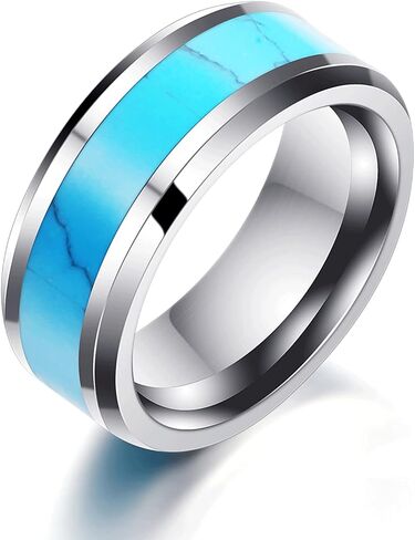 VQYSKO Retro Turquoise Ring for Men and Women | Stainless Steel Oval Turquoise Ring for Men and Women | Ideal Gift for Dad Boyfriend Blue/Black/Brown/White Color for Choice in Kuwait