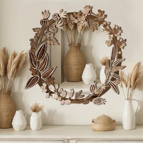 Yookeer Boho Decorative Wall Mirror 11.81" Rustic Wood Mirror Circle Floral Wall Decor Aesthetic Accent Farmhouse Art Decor for Living Room Bathroom Bedroom Entryway House Warming Gifts