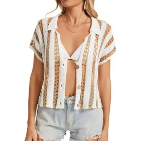 Womens Striped Cropped Crochet Cardigan Summer Casual Short Sleeve V-Neck Button Down Hollow Out Sweater Tops