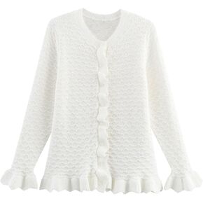 Fondthy Women Crochet Cardigan Sweater Trendy Crewneck Bungh Long Sleeve Button لأسفل قمم المحاصيل المتماسكة